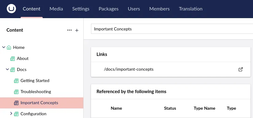 The Important Concepts node information in Umbraco. The path to the page is /docs/important-concepts.