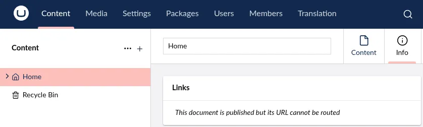 A screenshot of the Home node info in the Umbraco backoffice. Under the Links section is the error: "This document is published but its URL cannot be routed".