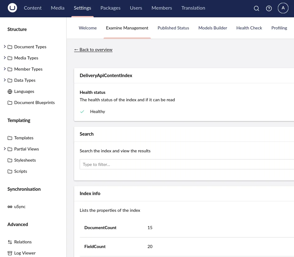 A screenshot of the DeliveryApiContentIndex in the Umbraco Examine Management dashboard, listing properties of the index such as document and field counts.