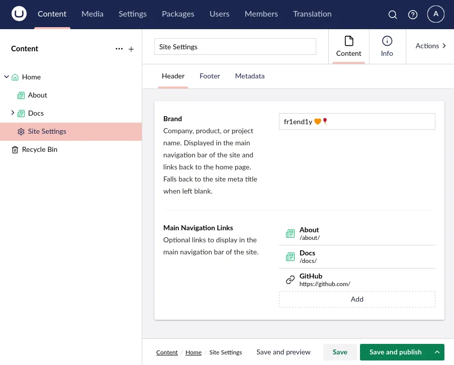 The Site Settings node in Umbraco.