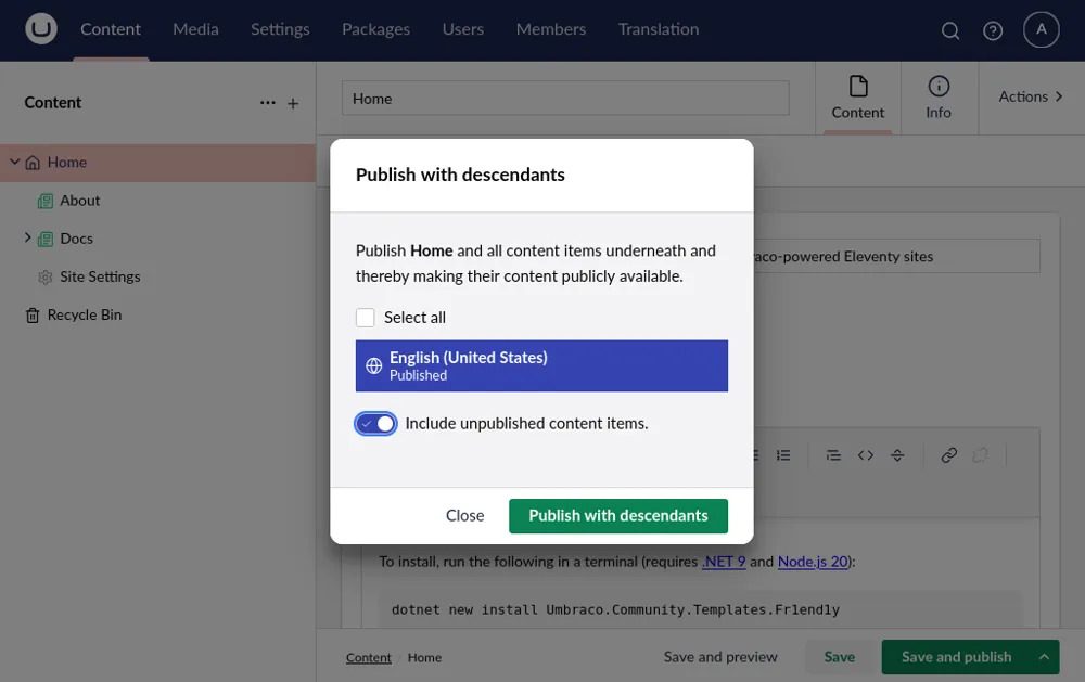 The Umbraco "Publish with descendants" modal overlaid on the Home content in the backoffice. The "Include unpublished items" option is enabled.