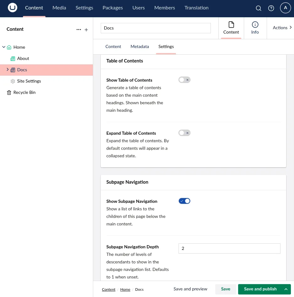 A screenshot of the Docs node in Umbraco with the Settings tab selected. Shown are the Table of Contents and Subpage Navigation configuration properties.