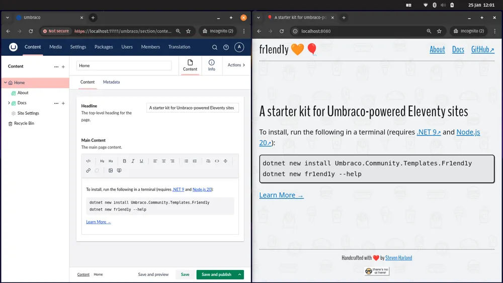 The Umbraco CMS and Eleventy site running side by side in web browser windows